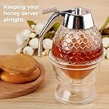 Hunnibi Glass Honey Dispenser - Clear - No Drip, with Stand, Stainless Steel TOP - Honey Pot, Honey Jar, Syrup Dispenser