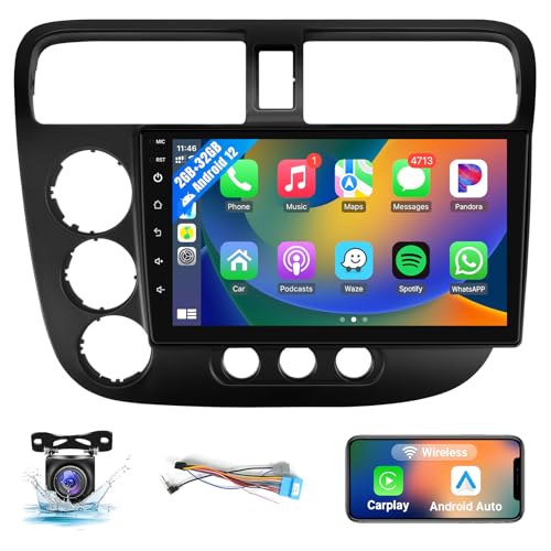 Leadfan Car Stereo Radio for Honda Civic 2001 2002 2003 2004 2005 with Wireless Carplay Android Auto, 2+32G 9'' Touch Screen Ind-Dash Bluetooth/WiFi/GPS Navigation/MirrorLink/SWC/USB/Backup Camera