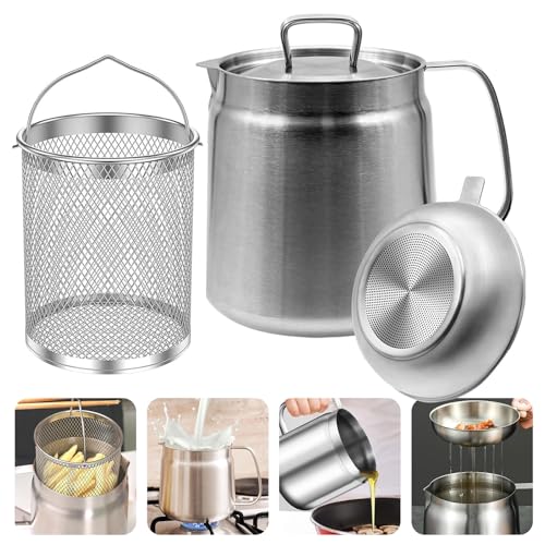 BYTANA 50oz 304 Stainless Steel Oil Filter Pot, Large Capacity Versatile Oil Filter Vessel, Multi-Function Frying Net Tank Bacon Grease Saver with Fine Mesh Strainer for Storing Frying Cooking Grease