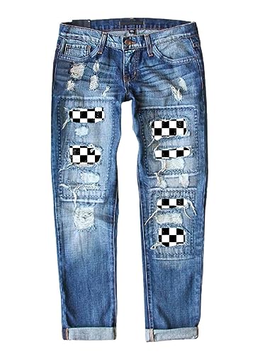 EVALESS Ripped Jeans for Women Boyfriend Distressed Patchwork Print Democracy Mom Jeans 2025 Fashion Wide Leg Losse Baggy Racing Denim Pants with Hole Blue Medium