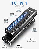 Powered USB Hub 3.2, LEINSIS 10-Port USB 3.2/USB C Hub (10Gbps USB-A 3.2 +2 USB-C 3.2 +7 USB 3.0 Ports) with Individual On/Off Switches and 12V Power Adapter, Aluminum USB Hub Powered for Laptop PC