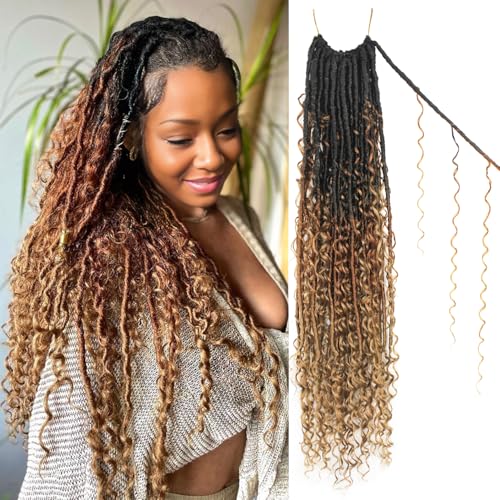 Boho Faux Locs Crochet Hair 30 Inch Goddess Locs 8 Packs Boho Soft Locs Crochet Hair with Curly Ends Pre-looped Long Bohemian River Locs Crochet Hair for Black Women(30Inch,1B/30/27)
