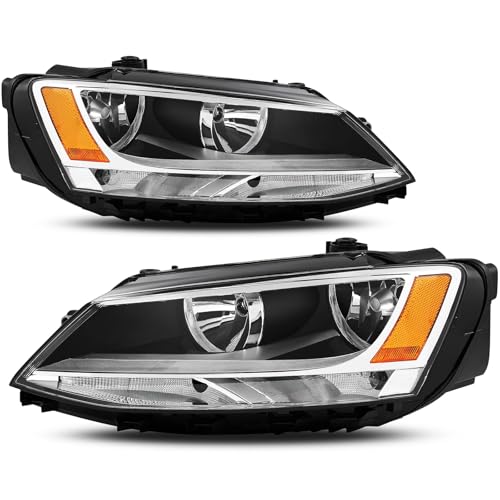 Headlights Assembly Compatible with 2011-2018 VW Jetta MK6 Halogen Headlamp Head light w/o DRL, Chrome Housing amber Side