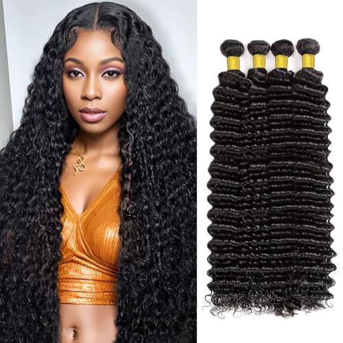 12A Human Hair Bundles 18 20 22 24 Inch Deep Wave Bundles Human Hair 100% Unprocessed Brazilian Virgin Deep Curly Weave 4 Bundle Water Wavy Hair Extensions Real Human Hair 1B Bundle for Women