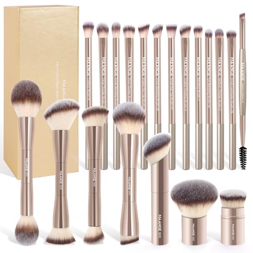 MAANGE 20 Pcs Makeup Brushes with Gift Box, Double-End Multi-functional Makeup Brushes for Blending Liquid Powder Concealer Cream Blush Buffe,Champagne