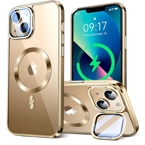 Magnetic for iPhone 13 Case/iPhone 14 Case with Camera Stand [Built-in 9H Lens Protection Glass Cover][Compatible with Magsafe]Military-Grade Protection Electroplated Bumper,CD Ring,Slim Case-Gold
