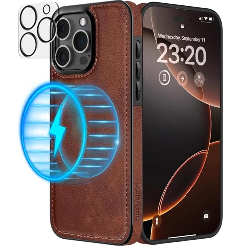 LOHASIC Leather Case for iPhone 16 Pro Compatible with MagSafe 6.3", with Camera Lens Cover Designer Men Flexible Phone Cases for iPhone 16 Pro(2024), Brown