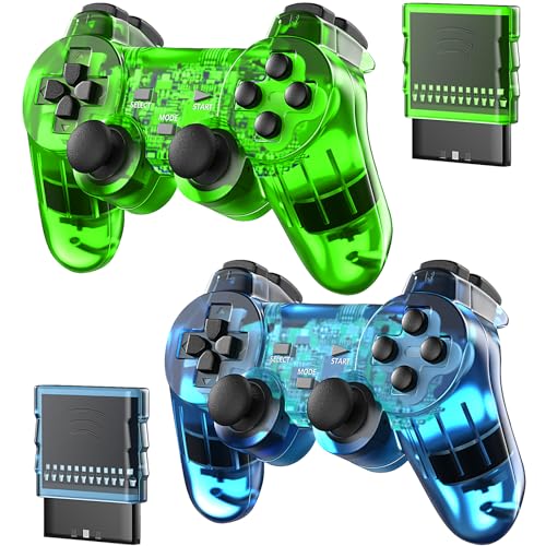 Degulan Wireless Controller Compatible with PS-2 Console, Remote Gamepad for Play 2 (Green and Blue)