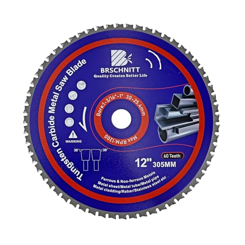 12" Metal Cutting Circular Saw Blade - BRSCHNITT Tungsten Carbide Tipped TCT Saw Blades for Steel, Stainless Steel, Nickel, Titanium, Ferrous Metals, Steel Pipe（60T Arbor:1-3/16"/1"）