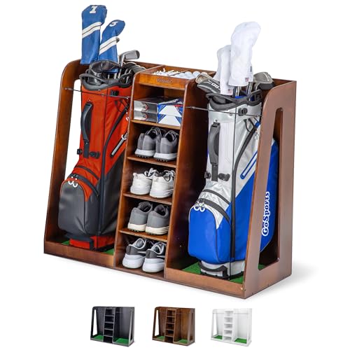 GoSports Premium Wooden Golf Bag Organizer and Storage Rack - Holds 2 Golf Bags - Brown Finish