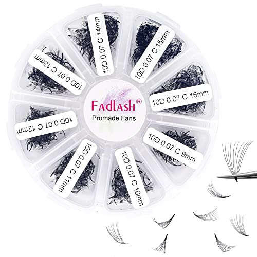 Volume Lash Extensions Mixed Tray 1000 Premade Fans 10D Loose Promade Fans Pointy Base Premade Fans Eyelash Extensions Handmade Premade Lash Fans (10D-0.07C,9-16mm)
