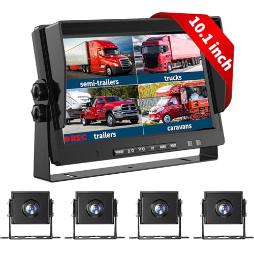 AHD Truck Backup Cameras with Monitor, 10.1’HD Quad Split Screen Monitor 4 Cameras 1080P Backup Camera for Trucks Trailer RV Bus Travel