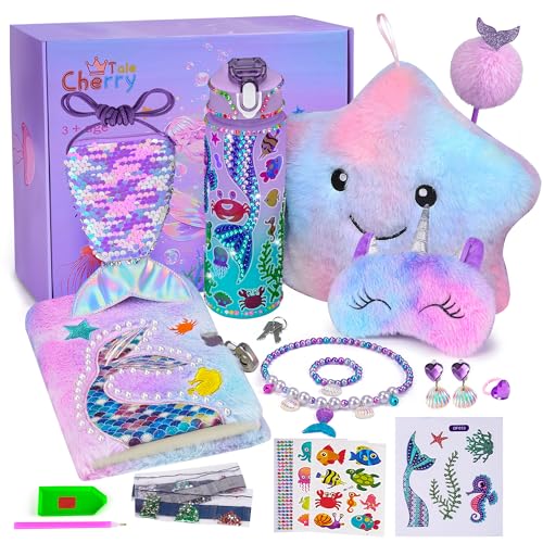 Cherry Tale Mermaid Gifts for Girls Age 4 5 6 7 8 9 10, Girls Mermaid Birthday Gifts Set with Light Up Star Pillow Diary Plush DIY Water Bottle Kits Toys