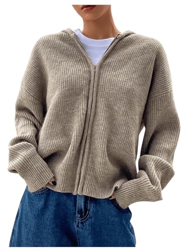 SOLY HUX Women's Zip Up Hooded Cardigan Sweater Knitted Drop Shoulder Fall Hoodies Outerwear Plain Khaki Medium