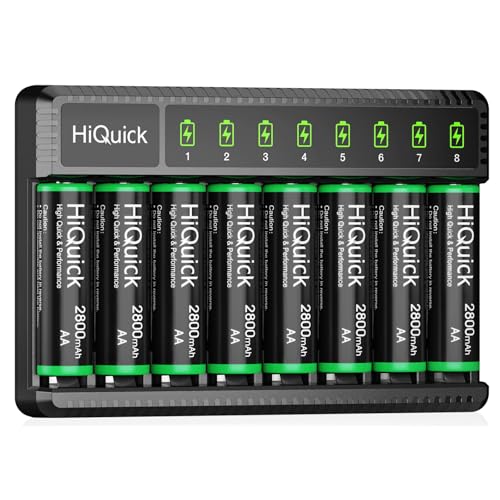 Rechargeable AA Batteries with Charger, HiQuick 2800mAh High Capacity Double A Batteries 8 Counts with 8 Bay AA AAA Smart Battery Charger for Ni-MH Ni-CD, Fast Charging