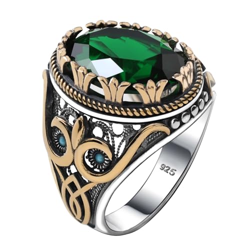Genuine Solid 925 Sterling Silver Ring for Men Accented with bronze, Faceted Simulated Green Emerald Stone, Authentic Vintage Turkish Ottoman Style (Emerald, 7)