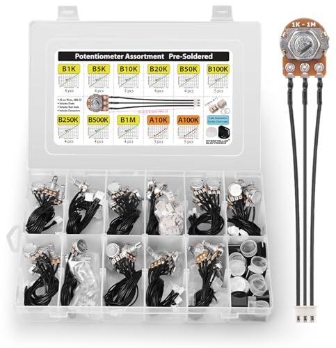 Potentiometer Assortment pre-Wired B1K B5K B10K B20K B50K B100K B250K B500K B1M (Linear) A10K A100K (Audio Log) prefabed, pre-soldered incl. Knobs, Dust Seals, 3-pin 0.1 inch Connectors, 48 pcs