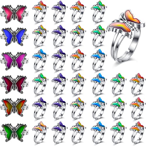 Yinkin 30 Pcs Mood Ring Adjustable Size Color Changing Mood Rings for Kids Girls and Boys Gift Costume Props Birthday Party Favors Christmas Costume (Butterfly)