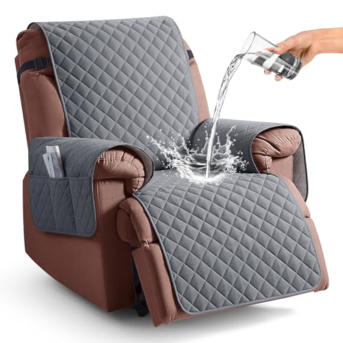 KinCam 100% Waterproof Recliner Chair Cover, Reclining Couch Covers for Pets, Dogs, Recliner Couch Slipcover Furniture Protector with Elastic Straps for Kids(23.6", Dark Gray)
