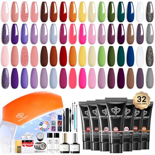 Modelones 133pcs Poly Extension Gel Nail Kit, 32 Colors All Seasons Poly Nail Gel kit with Nail Lamp Slip Solution Builder Nail kits Manicure Tools Nail Forms for Starter Nail Art for Women