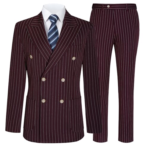 Burgundy Pinstripe Suit for Men 3 Piece Double Breasted Mens Tuxedo Suit Set Slim Fit Prom Striped Jacket Vest and Pants,S