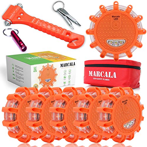 Marcala LED Road Flares 6-Pack | Roadside Emergency Kit with Flares | Roadside Safety Disc, DOT Compliant LED Safety Flares | Batteries, Case & Whistle Included | Feel Safe on The Road!