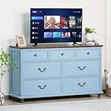 Joaxswe Farmhouse 54" 7 Drawers Dresser for Bedroom, Wide Wood Chest of Drawers w/ 4 Wooden Legs, Vintage Large Storage Dressers Organizer for Hallway, Rustic TV Stand for Living Room, Light Blue