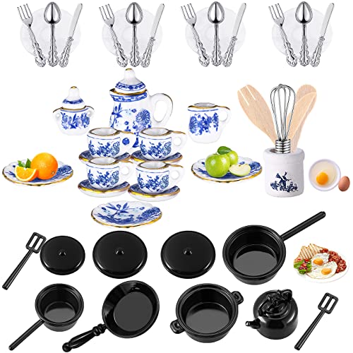 Zhanmai 47 Miniatures Dollhouse Kitchen Accessories Miniature Porcelain Tea Cup Set, Metal Pots and Pans Include 16 Mini Doll Plates Knife Fork Spoon, 6 Egg Beater Utensil, 10 Stovetop Cookware