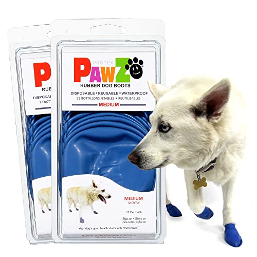 PawZ Rubber Dog Boots for Paws up to 3", 24 Total (2 Packs of 12) - All-Weather Dog Booties for Hot Pavement, Snow, Mud, and Rain - Waterproof, Anti Slip Dog Socks - Medium, Blue