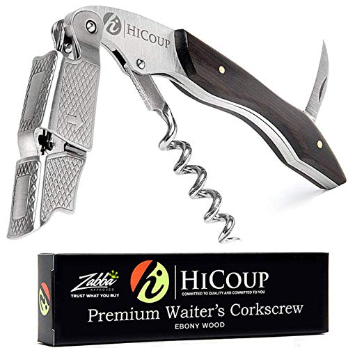 Hicoup Wine Opener - Professional Corkscrews for Wine Bottles w/Foil Cutter and Cap Remover - Manual Wine Key for Servers, Waiters, Bartenders and Home Use - Ebony Wood