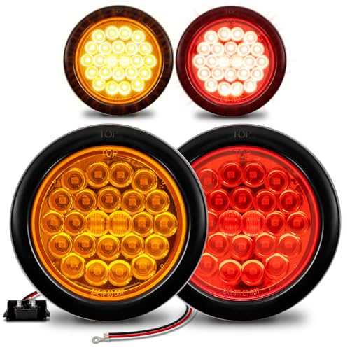 TRUE MODS 2 Red + 2 Amber 4" Round 24 LED Trailer Tail Light Kit [DOT Certified] [Grommet & Plug] IP67 Waterproof Stop Brake Turn Signal Park Boat Horse Trailer Light For RV Semi Truck Flat Bed Camper