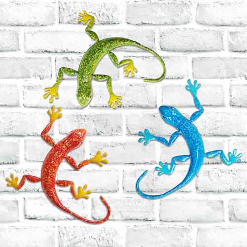 FKKsparkler Gecko Wall Decor Metal 3D Metal Lizard Wall Art Sculpture Outdoor Retro Hanging Decoration for Garden Fence Yard Patio Home Ornaments Set of 3