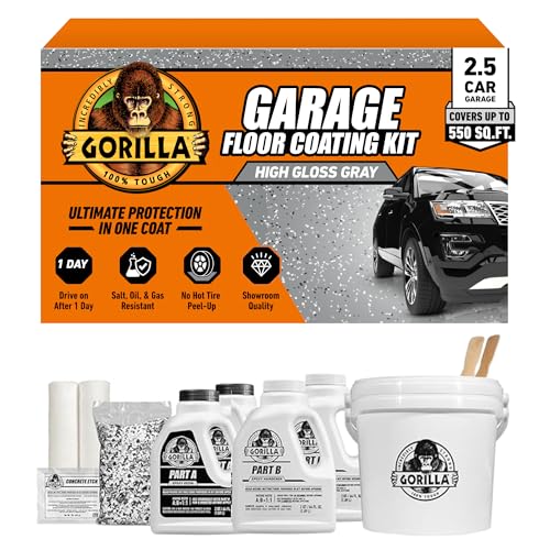 Gorilla Epoxy Garage Floor Coating (12 pc) Kit, 2.5-Car, Concrete Flooring, 100% Solids, Superior Adhesion, Incredibly Durable High Gloss Gray Finish, 550 sq. ft. Coverage