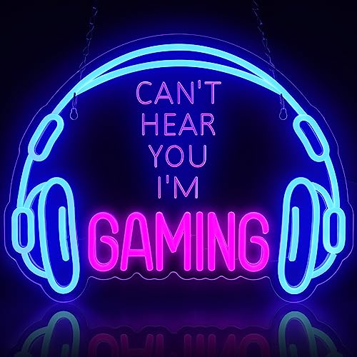 Gaming Neon Sign, Large Bright and Dimmable Colored LED Headset Gamer Neon Light and USB Powered Headphone Lightup Game Signs for Game Zone Video Room Boy Bedroom Wall Decor (Can't Hear You I'm Gaming)