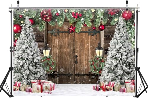 WOLADA Rustic Christmas Backdrop Barn Door Backdrops for Photography Xmas Tree Snow Back Drop 7x5FT 12585