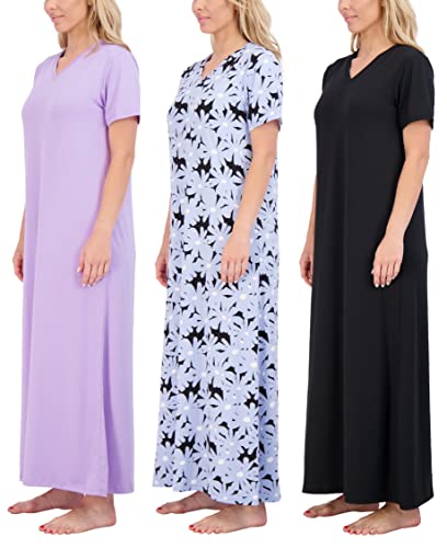 3 Pack: Womens Short Sleeve Maxi Crew V-Neck Nightgown Long Soft Nightshirt Women Night Gowns Nightdress Sleep Lounge House Dress Sleepwear Pajama Tops PJs Sexy Sleeping Ladies PJ Floor - Set 1, M