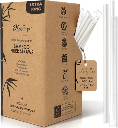 EcoPreps 10” Biodegradable Bamboo Fiber Straws, Extra-Long Individually Wrapped Straw | 300 Count, 100% Compostable, Plastic-Free, Eco-Friendly Drinking Straw | 10-Inch Plant Fiber Disposable Straws