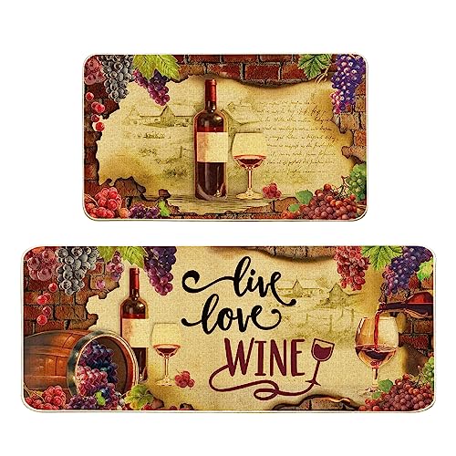 Cusugbaso Wine Kitchen Rugs Set of 2, Non Skid Washable Kitchen Mats, Farmhouse Wine Lover Decor for Home 17"x27"+17"x47"