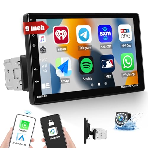 Single Din Car Stereo with Apple Carplay Android Auto, 9 Inch Touch Screen Car Radio with Mirror Link Universal Car Multimedia Player with Bluetooth FM/AM Radio EQ Setting+ Backup Camera