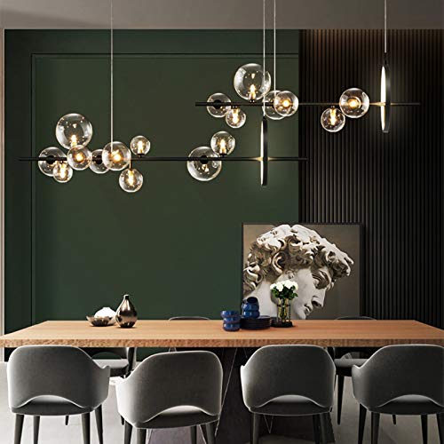 COOBATG Globe Chandelier Light Fixture,Nordic Long Transparent Glass Ball LED Pendant Lights with Black Hardware lamp Body,Perfect for Living Room, Bedroom, Restaurant and Office