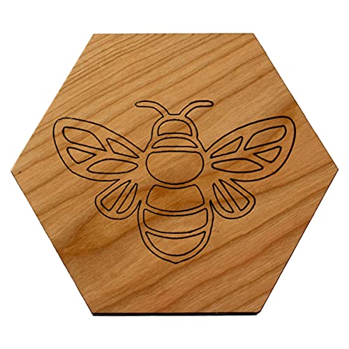 Honey Bee Hexagon Trivet- Solid Cherry Wood Trivet Hot Pad Holder (7.25 Inch Diameter)