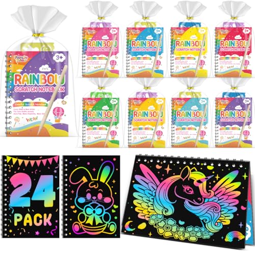 Scratch Art Party Favors for Kids: 24 Pack Rainbow Scratch Notebook Bulk Kids Craft School Supplies for Girls Boys 4-8 Years Old Kids Birthday Goodie Bags Christmas Gifts Classroom Prizes for Kids