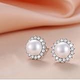 Sunshine 925 Sterling Silver Pearl Earrings Stud AAA Zirconia 9mm Freshwater Pearl Jewelry for women (Earrings)