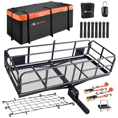 MeeFar High Rail Trailer Folding Hitch Mount Cargo Carrier Basket 60" X 24" X 14"+Waterproof Cargo Bag 20 cu ft(59" 24" 24"), Capacity of 500 Lbs with Hitch Stabilizer, Net, Lock and Straps