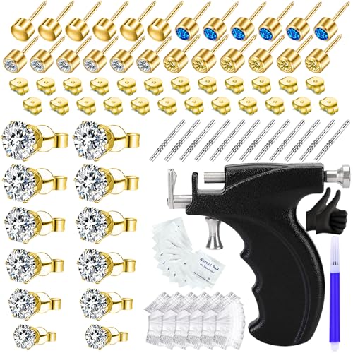 Zygc Professional Ear Piercing Kit with 18 Pairs of Gold CZ Diamond Ear Stud Earrings with Multi-Purpose Black Ear Piercing Gun with 8 Alcohol Pads for Salon and Home Use