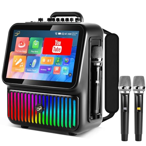Smart Karaoke Machine, Bluetooth Karaoke Speaker with 2 Wireless Microphones，DJ Lights for Home Party Gathering, Karaoke Microphone Wireless PA System Supports
