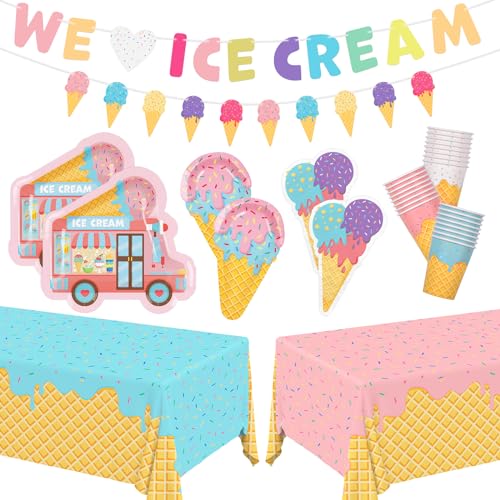 Ice Cream Party Supplies Kit for 24: Ultimate Bundle with Vibrant Paper Plates, Napkins, Cups, Tablecloth & Banner - Ice Cream Birthday Party Decorations