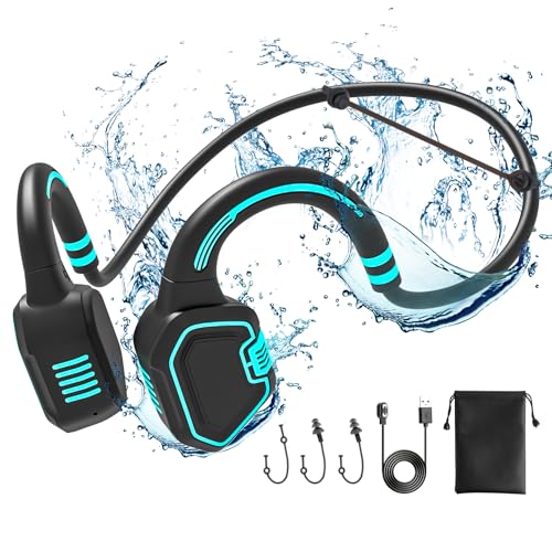 FJX Bone Conduction Headphones Swimming Headphone - IP68 Waterproof Open Ear Headphones with MP3 Play 32G Memory Inductive Wireless Bluetooth Sports Headset for Running Swimming (Blue)