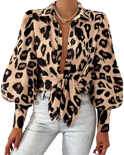 BTFBM Women Fashion Button Down Shirts Lapel V Neck Printed Solid Boho Long Sleeve Blouses Dressy Casual Summer Fall Top(Leopard Print, Small)