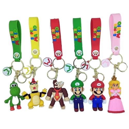 TCB Creations Super Cartoon Mario and Friends Game 3D Character Figures Silicone Charm Keychain of 6 Keyrings